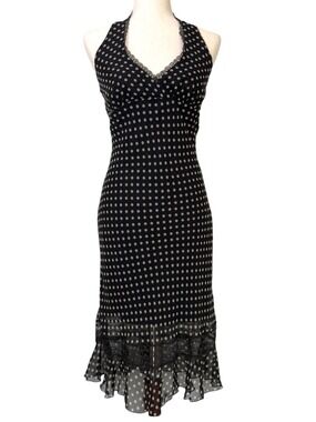 Vintage La Belle Babydoll Halter Dress XS Black Chiffon Lace Trim Polka Dot